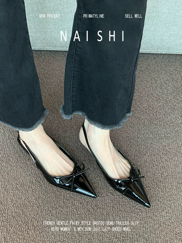 Phiên bản da cừu! Giày sandal mũi nhọn kiểu Pháp dành cho nữ, giày cao gót mũi nhọn bằng da bóng màu đen có nơ, giày thanh lịch.