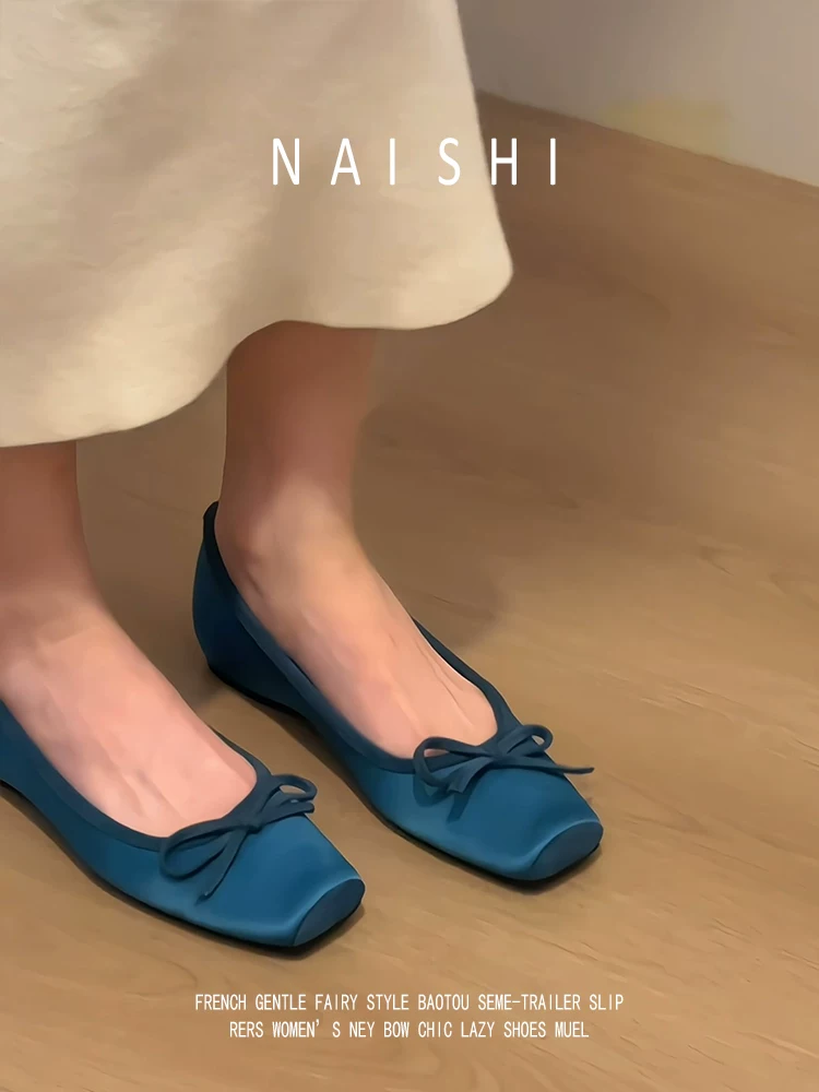 Phiên bản da cừu! Giày dạ hội kiểu Pháp bằng satin có nơ, tăng chiều cao ẩn, giày ba lê mềm mại, giày Mary Jane đế mềm dành cho nữ.