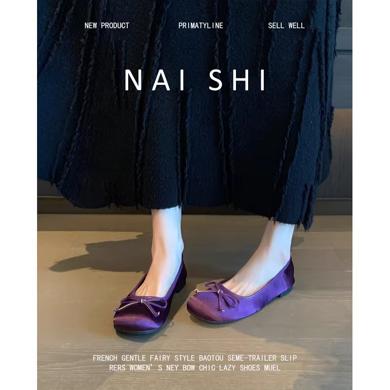 Phiên bản da cừu! Giày Mary Jane kiểu Pháp có nơ màu tím dành cho nữ, giày bệt satin kiểu dáng dạ hội, kiểu xỏ ngón.