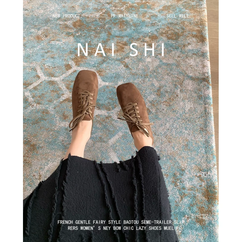 Phiên bản da cừu! Giày lười da lộn cổ điển, giày đơn giản và đa năng kiểu dáng sâu, giày da nhỏ có dây buộc mũi vuông tăng chiều cao.