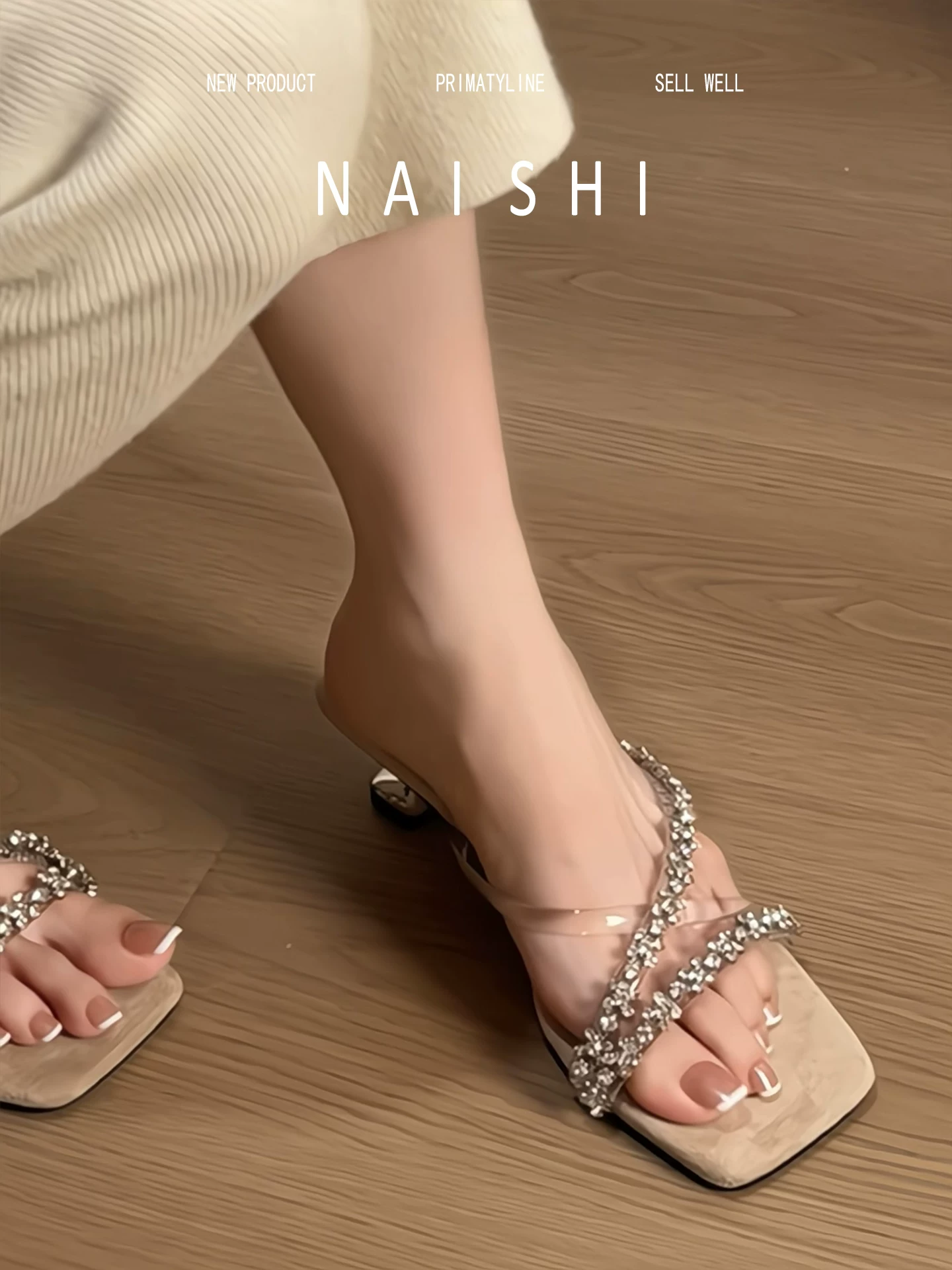 Phiên bản da cừu! Dép quai ngang đính đá kiểu Pháp dành cho nữ, phong cách tiên nữ mùa hè, dép đế xuồng mũi vuông hở mũi thanh lịch.