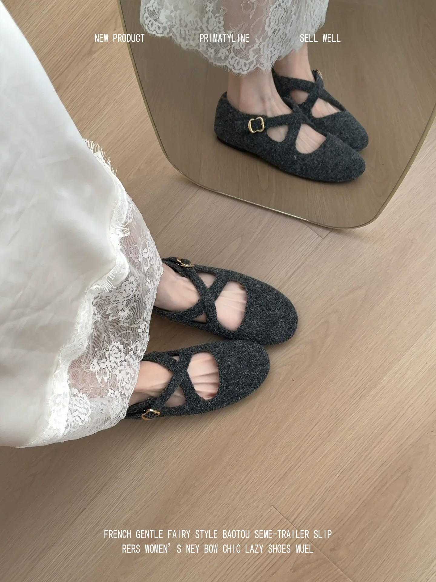 Phiên bản da cừu! Giày lông tròn mũi tròn kiểu retro, dây đeo chéo, giày cotton lót lông cừu ấm áp, giày Mary Janes len màu xám đa năng.
