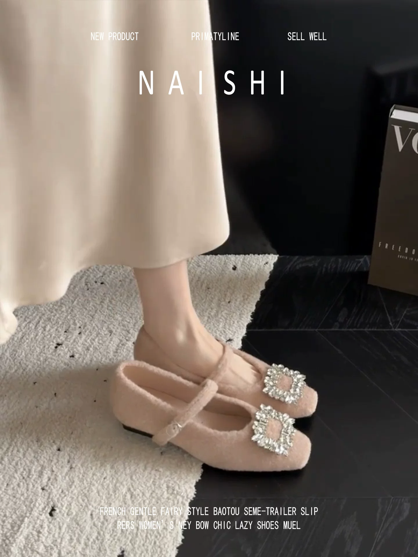 Phiên bản da cừu! Giày đế vuông đính đá giả cổ điển dành cho nữ, giày Mary Jane mũi vuông bằng len thanh lịch để đi làm.