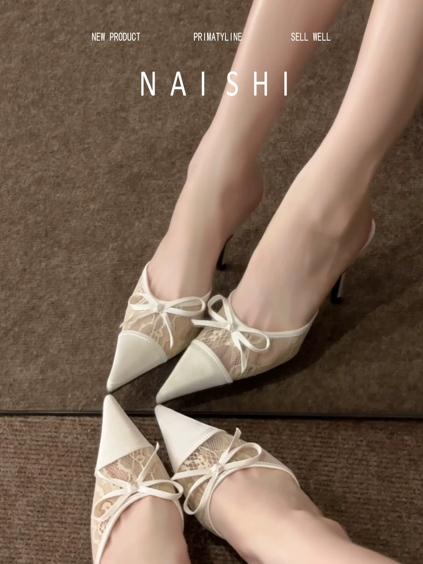 Phiên bản da cừu! Dép nửa kín mũi bằng ren Pháp dành cho nữ, giày cao gót mũi nhọn, dép cao gót kiểu nơ khoét lỗ thoáng khí.