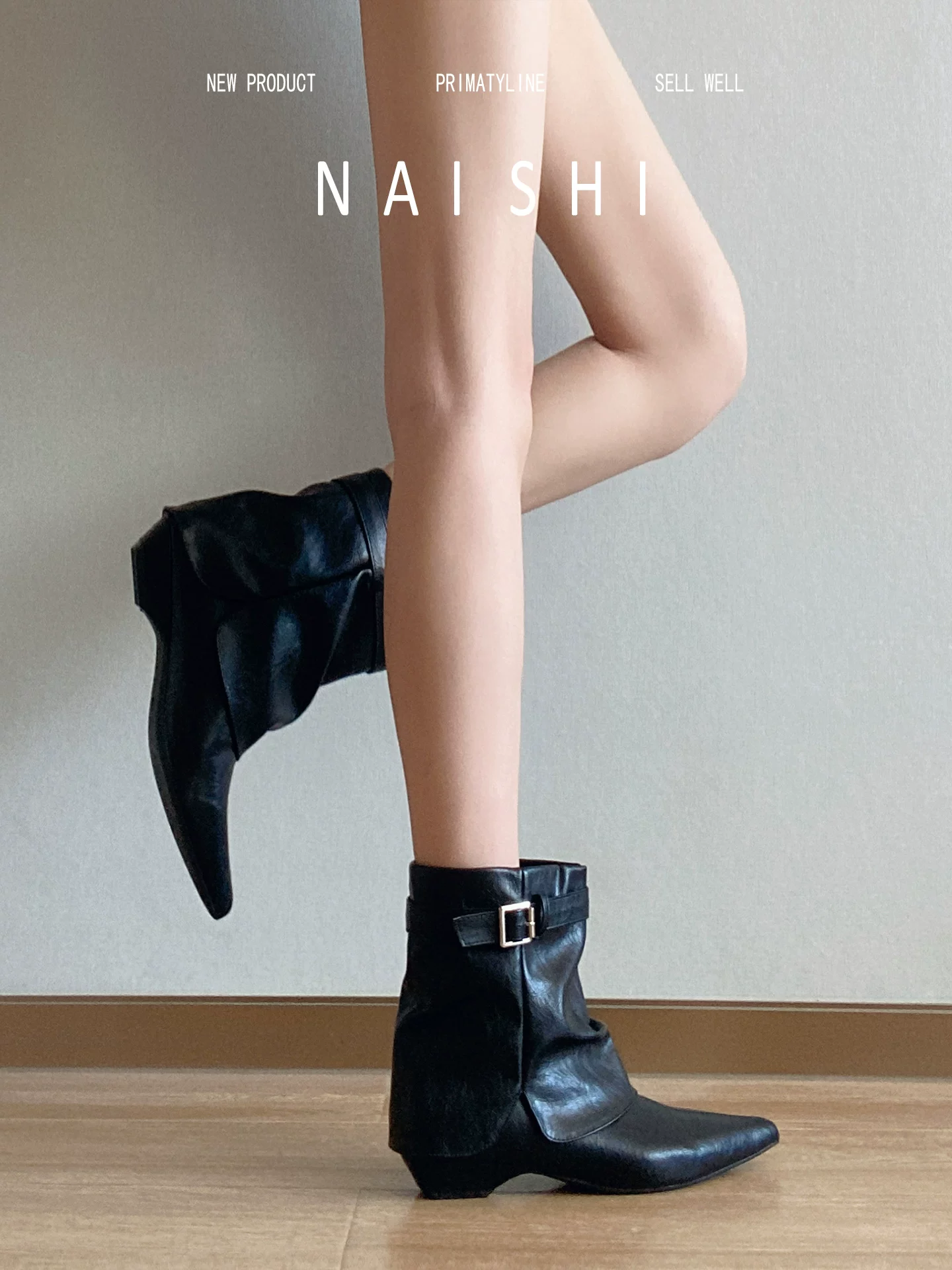 Phiên bản da cừu! Giày bốt nữ màu đen, mũi nhọn, gót wedge, bốt ngắn, bốt Martin xếp lớp, bốt cưỡi ngựa có khóa thắt lưng phong cách hot girl.