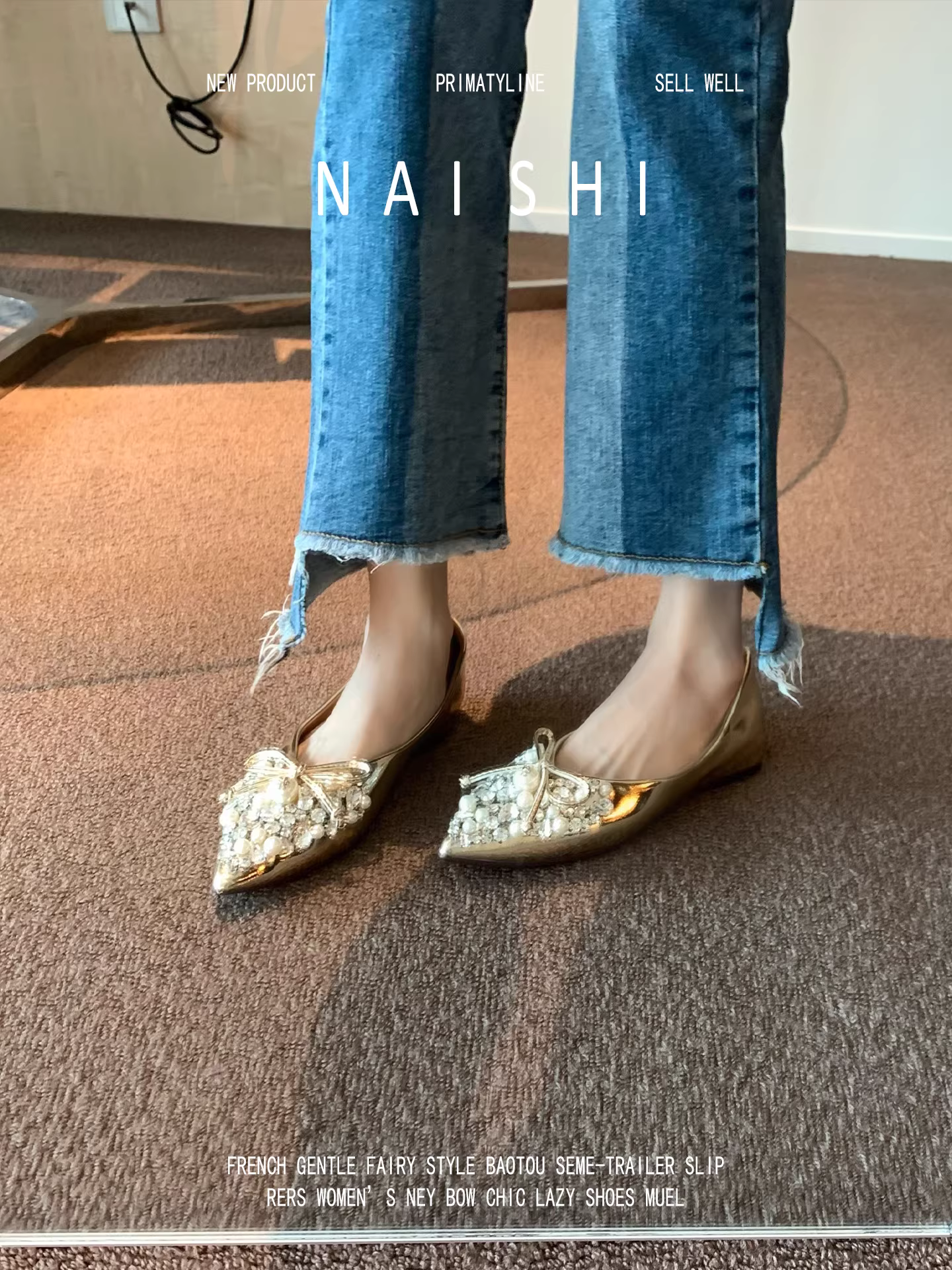 Phiên bản da cừu! Giày cao gót mũi nhọn màu vàng kiểu Pháp dành cho nữ, kiểu nơ điệu đà phối chân váy, giày lười đính đá.