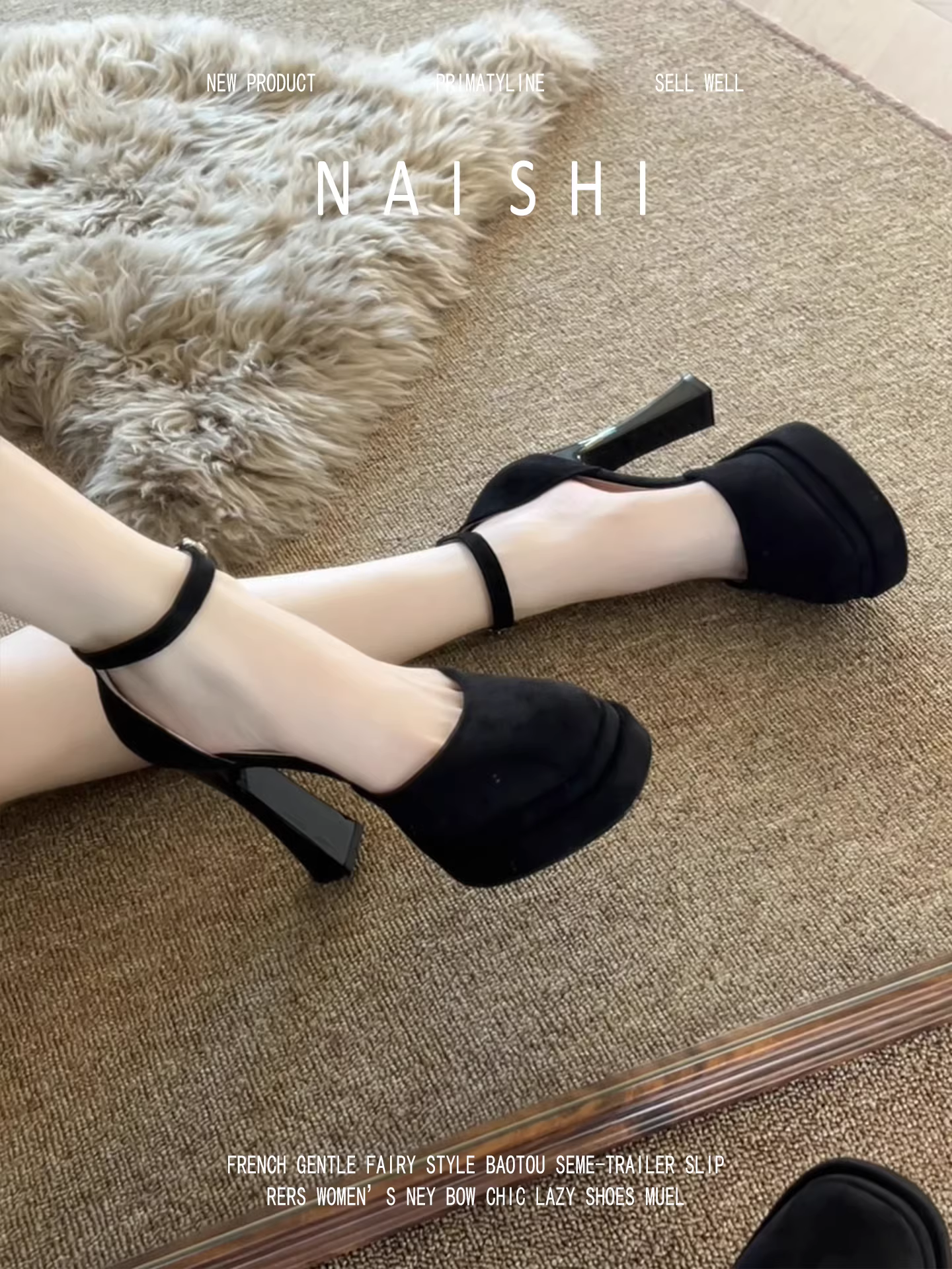 Phiên bản da cừu! Giày cao gót quai mảnh màu đen kiểu Pháp dành cho người nhỏ nhắn, dép đế xuồng kín mũi chống thấm nước với gót dày rỗng.