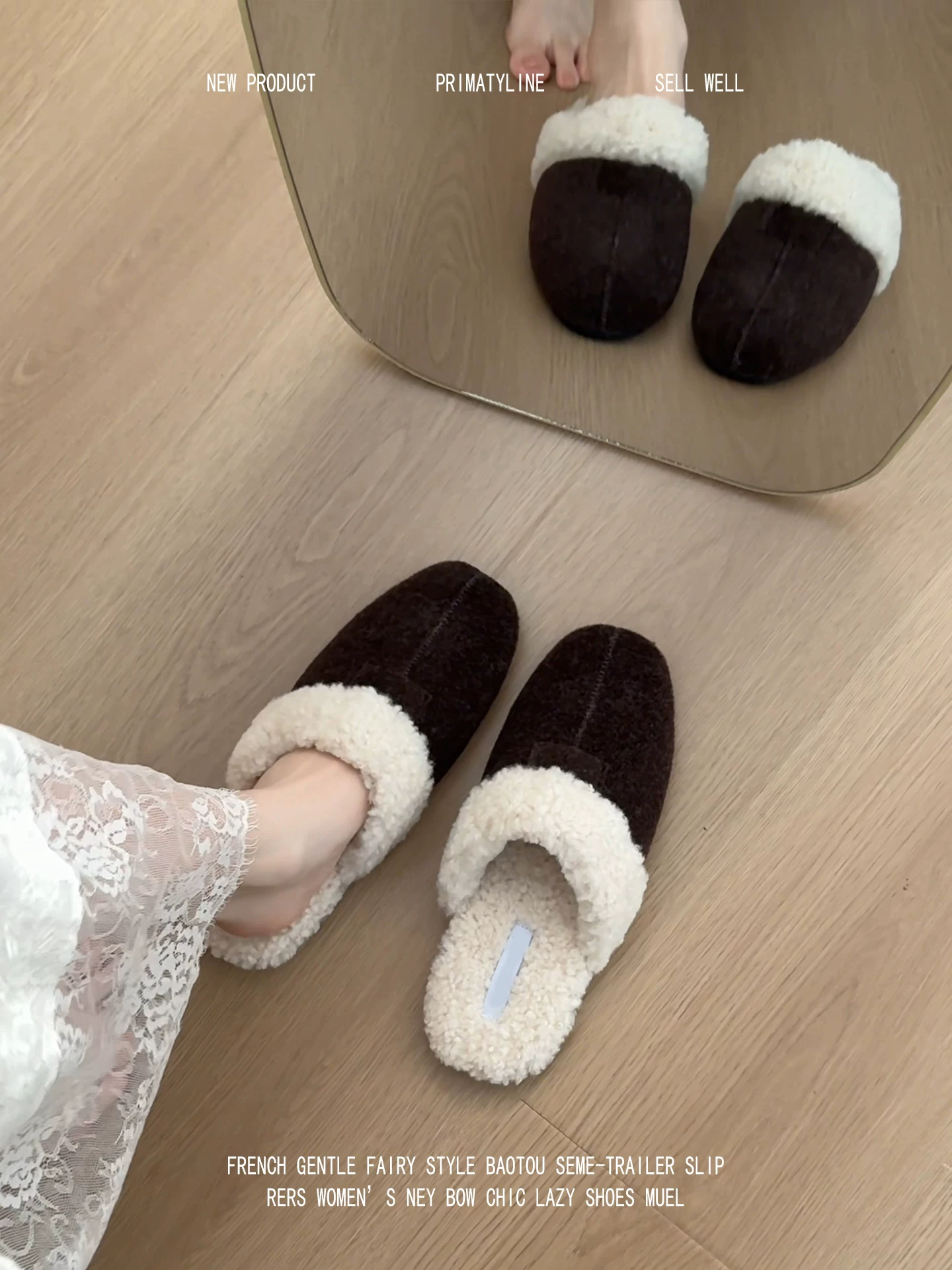 Phiên bản da cừu! Dép lê kiểu Hàn Quốc, mũi kín, nửa dép, lót lông cừu, dép lông mềm mại dành cho nữ.