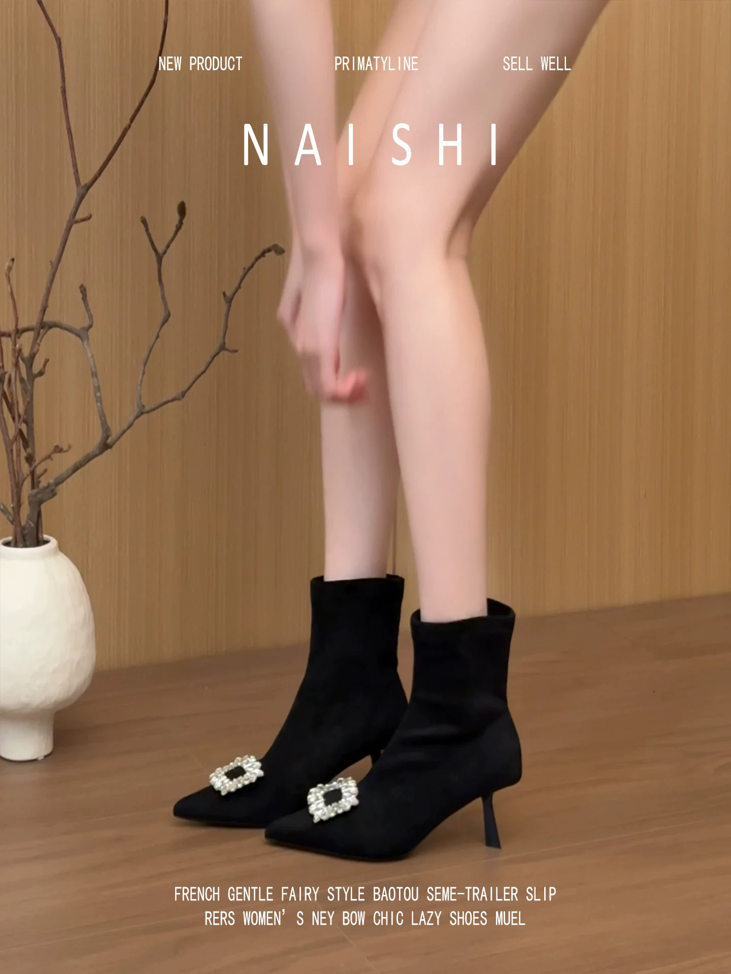 Phiên bản da cừu! Giày bốt cổ ngắn có khóa vuông đính đá phong cách retro dành cho nữ, mũi nhọn, gót nhọn, giày bốt da lộn co giãn, giày bốt cao đến mắt cá chân phong cách Hàn Quốc.