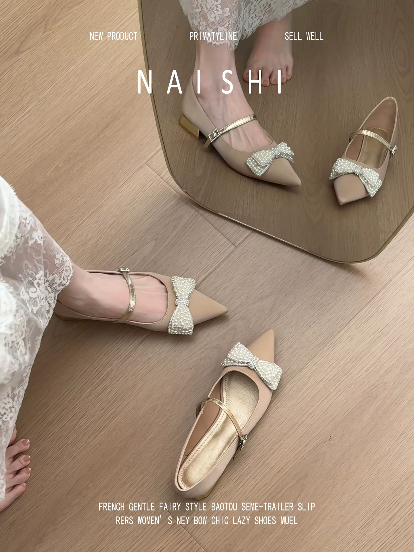 Phiên bản da cừu! Giày Mary Jane kiểu Chanel dành cho nữ với nơ đính đá kiểu Pháp thanh lịch, mũi nhọn và gót dày.