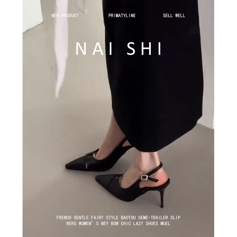 Phiên bản da cừu! Giày nữ mũi nhọn có khóa kim loại kiểu Pháp, dép quai ngang bằng satin mũi kín, hở gót và gót cao.