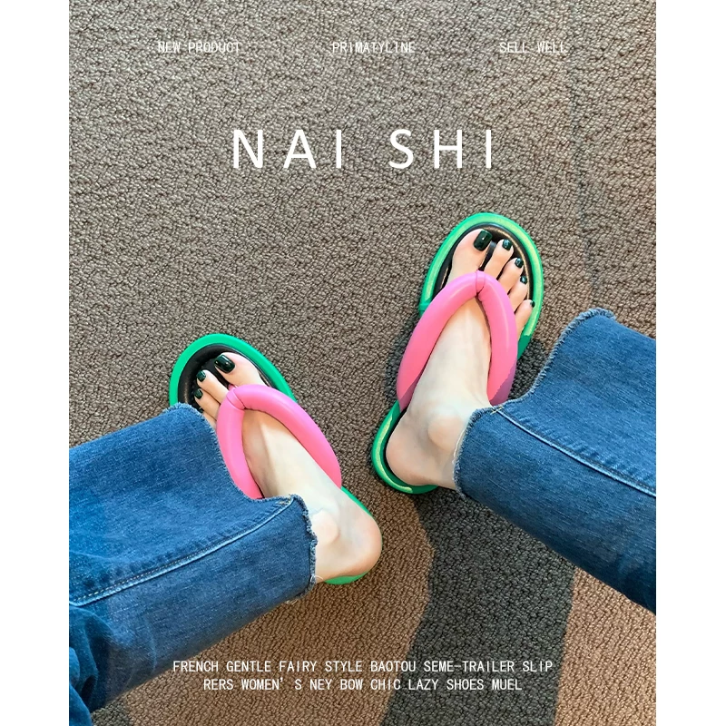 Phiên bản da cừu! Dép xỏ ngón phối màu thời trang dành cho nữ, dép đi biển ngoài trời, dép quai ngang đế bằng.