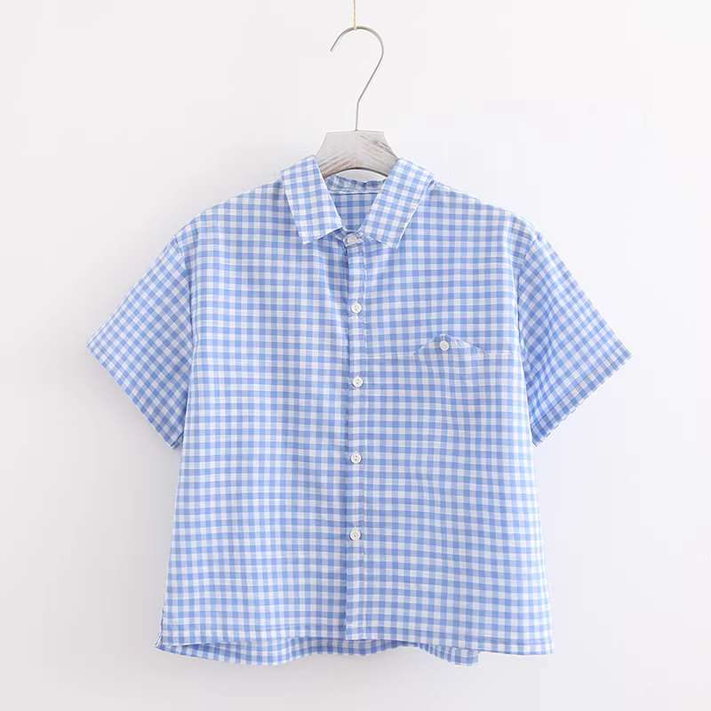 Áo sơ mi nữ cotton kẻ caro cổ trụ phong cách mới mùa hè 2025 Dream Box, thiết kế tươi mới, nghệ thuật, đa năng, dáng rộng, màu xanh kẻ caro