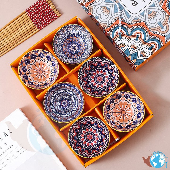 Bộ 6 Chén Kiểu Hoa Văn Cao Cấp Bohemia Và 6 Đôi Đũa Kèm Hộp Làm Quà Tặng Sang Trọng