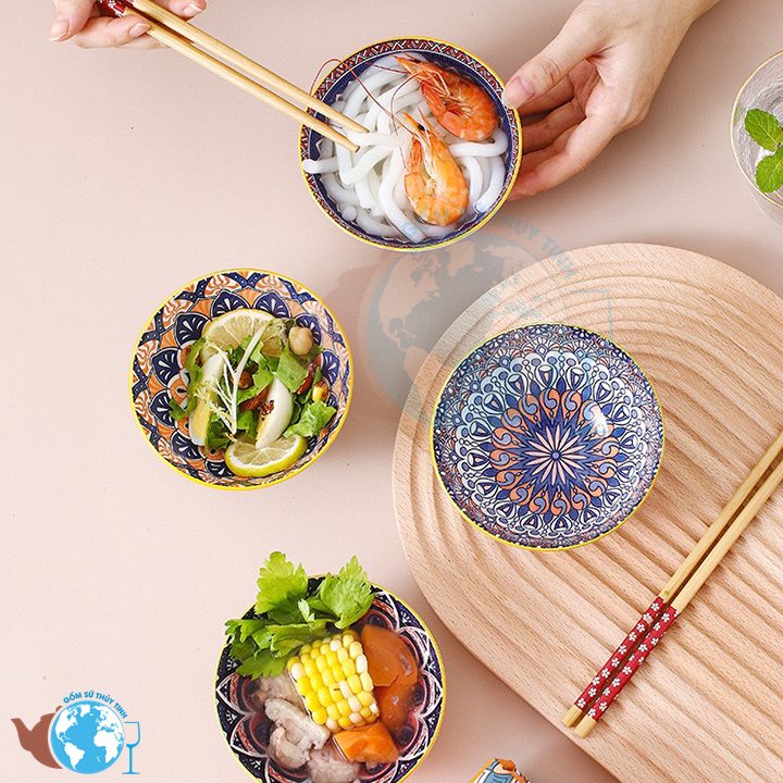 Bộ 6 Chén Kiểu Hoa Văn Cao Cấp Bohemia Và 6 Đôi Đũa Kèm Hộp Làm Quà Tặng Sang Trọng