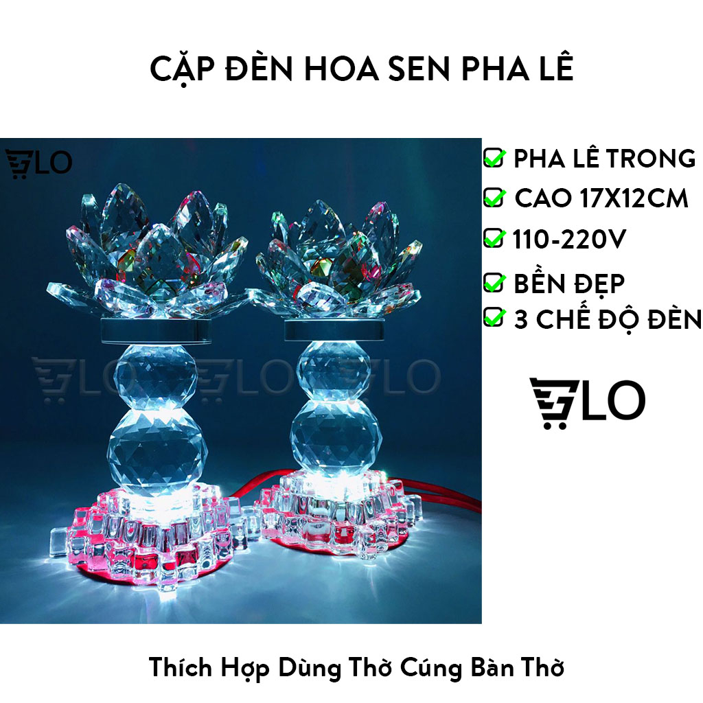 Cặp Đèn Hoa Sen Pha Lê Nguyên Khối Cao Cấp 17cm Tự Chuyển 7 Màu Cực Đẹp