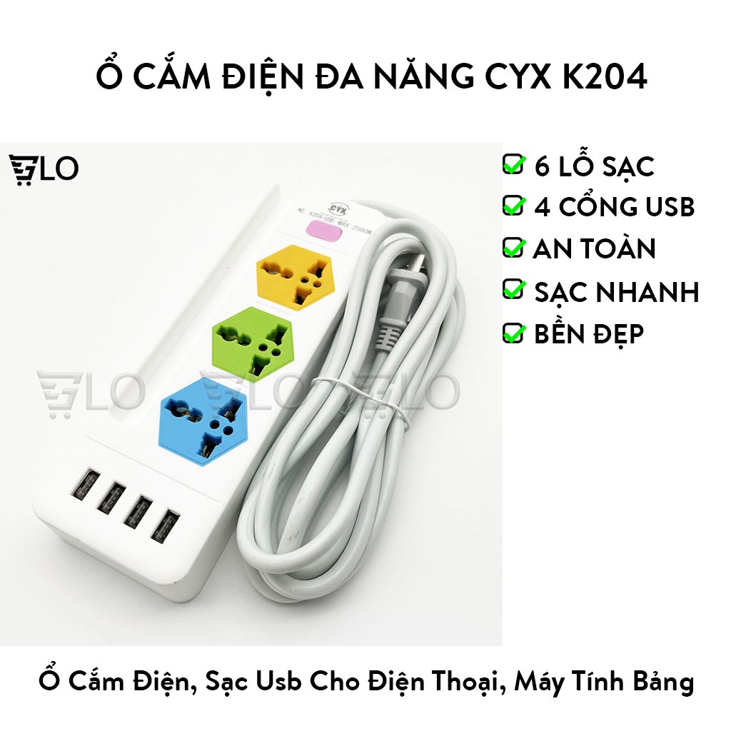 Ổ CẮM ĐIỆN CYX K204 Có 4 Cổng USB Sạc Đa Năng, 3 Ổ Cắm 3 Chấu, Dây Dài 3M Công Suất 2500W, Có Khe Gác Điện Thoại