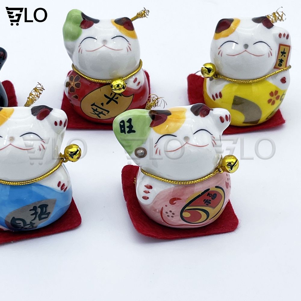 Bộ Tượng Sứ 5 Chú Mèo Thần Tài Nhật Bản Maneki Neko Mini May Mắn