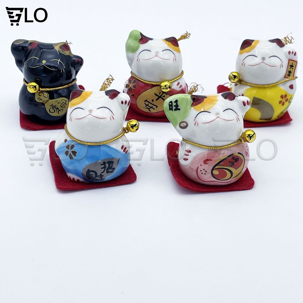 Bộ Tượng Sứ 5 Chú Mèo Thần Tài Nhật Bản Maneki Neko Mini May Mắn