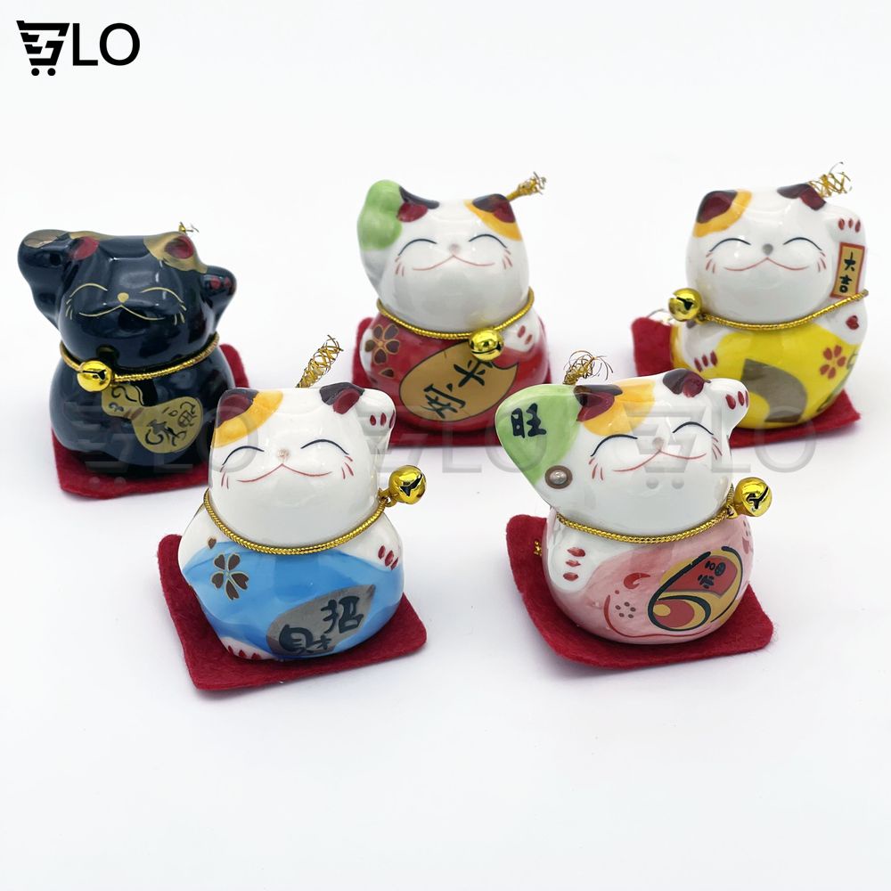 Bộ Tượng Sứ 5 Chú Mèo Thần Tài Nhật Bản Maneki Neko Mini May Mắn
