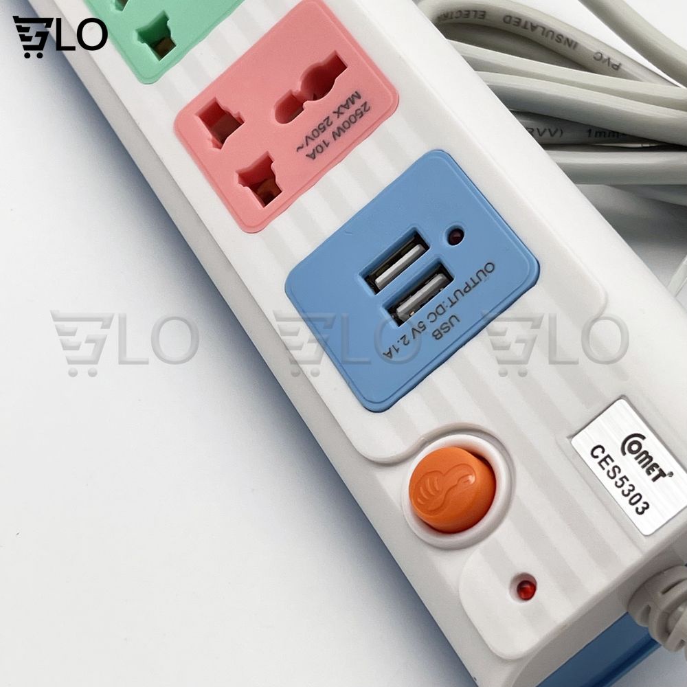 Ổ Cắm Điện Comet CES5303 Nối Dài 3m 3 Lỗ 2 Cổng USB