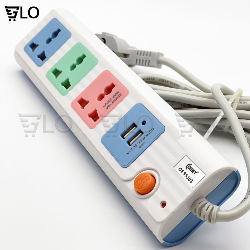 Ổ Cắm Điện Comet CES5303 Nối Dài 3m 3 Lỗ 2 Cổng USB