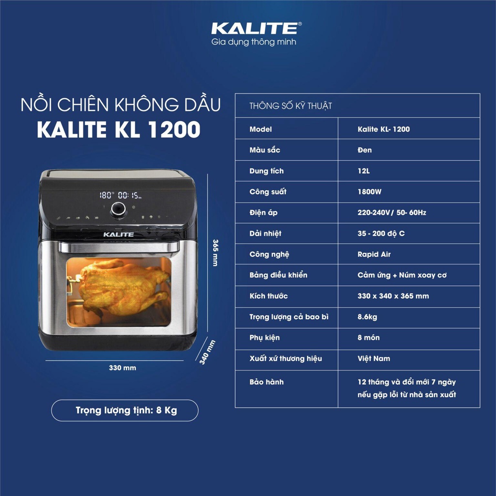 Nồi chiên không dầu Kalite 12 lít KL-1200 - Bảo hành 24 tháng - Hàng Bếp 3B
