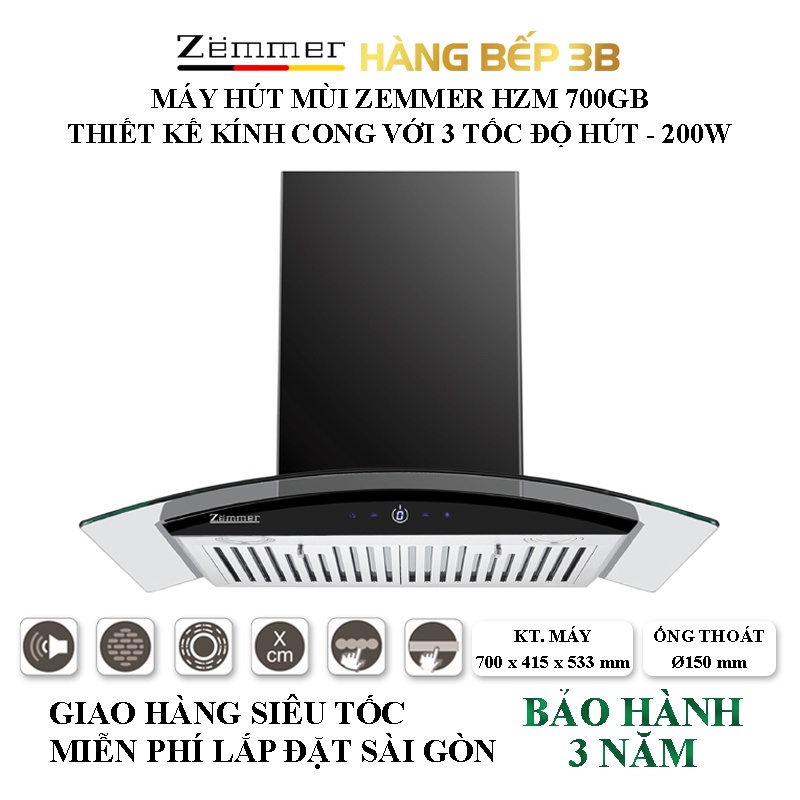 Máy hút mùi Zemmer kính cong HZM 700GB - Hàng Bếp 3B