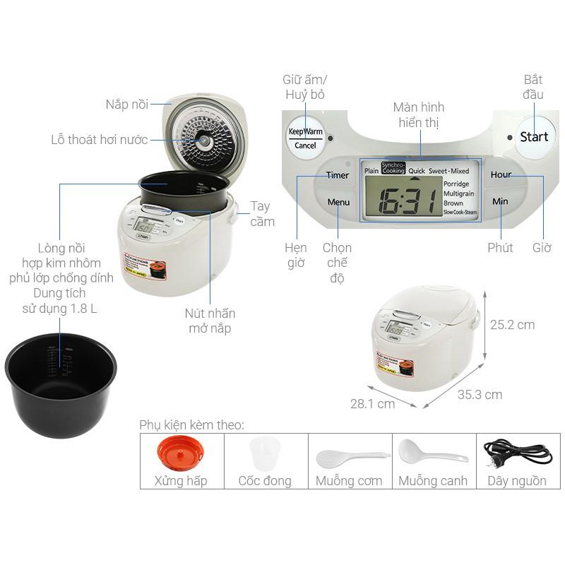 Nồi cơm điện tử Tiger 1.8 lít JAX-S18W / JAX-S10W (1 lít) -  Hàng Bếp 3B - Sản xuất Nhật Bản