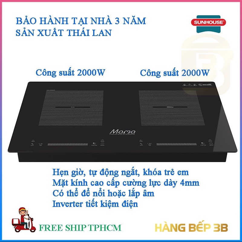 Bếp đôi điện từ hồng ngoại Sunhouse MMB888EI - Bảo hành tại nhà - Hàng Bếp 3B miễn phí lắp đặt