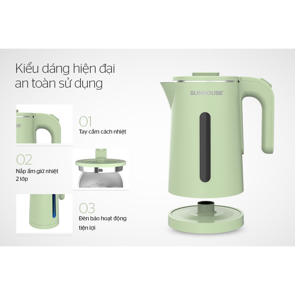 Bình đun nước siêu tốc inox 2 lớp 1.8 lít Sunhouse SHD1353/1351 - Bảo hành chính hãng 12 tháng toàn quốc