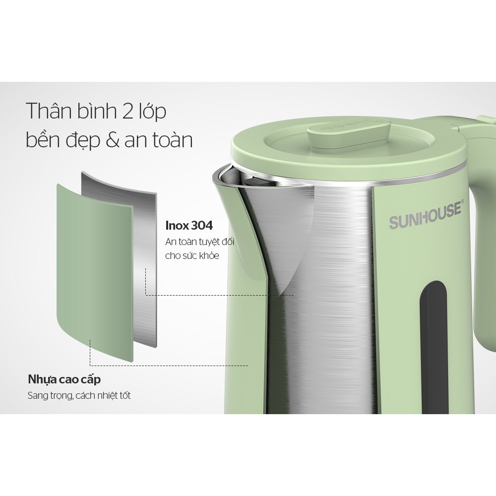 Bình đun nước siêu tốc inox 2 lớp 1.8 lít Sunhouse SHD1353/1351 - Bảo hành chính hãng 12 tháng toàn quốc