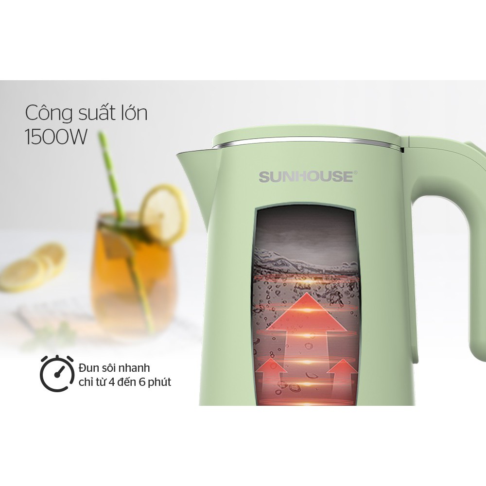 Bình đun nước siêu tốc inox 2 lớp 1.8 lít Sunhouse SHD1353/1351 - Bảo hành chính hãng 12 tháng toàn quốc