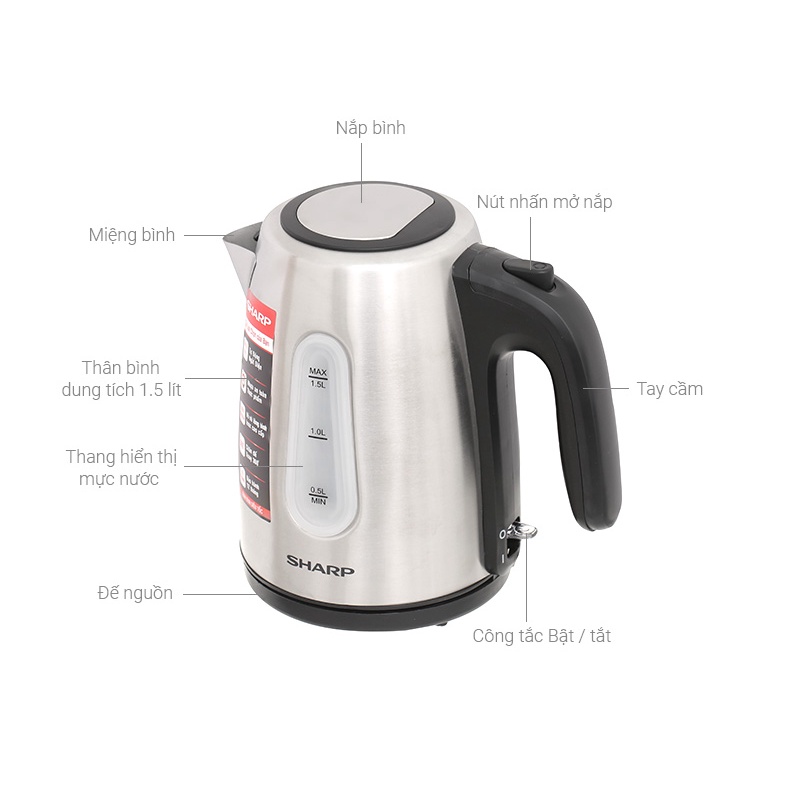 Bình đun siêu tốc Sharp 1.5 lít EKJ-15EVS-ST - Bảo hành chính hãng 12 tháng toàn quốc
