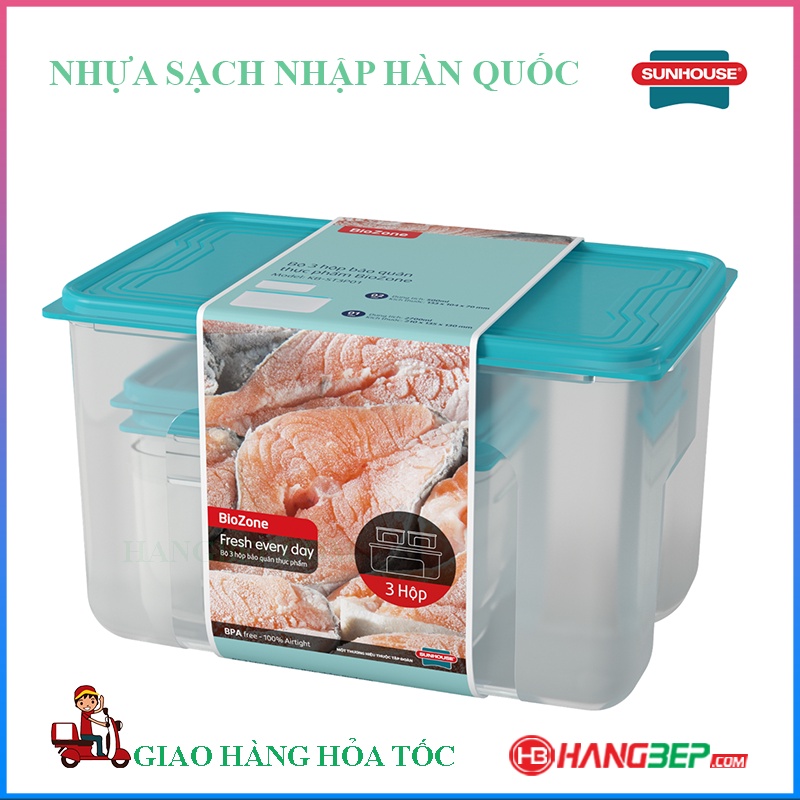 Bộ 3 hộp bảo quản thực phẩm Sunhouse Biozone KB-ST3P01 - Nhựa sạch PP nguyên sinh từ Hàn Quốc