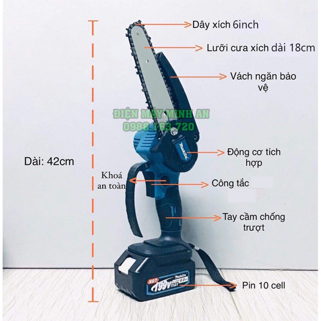 Máy cưa xích dùng pin, máy cưa xích cầm tay MAKITA 199v cắt gỗ tỉa cành cực bén