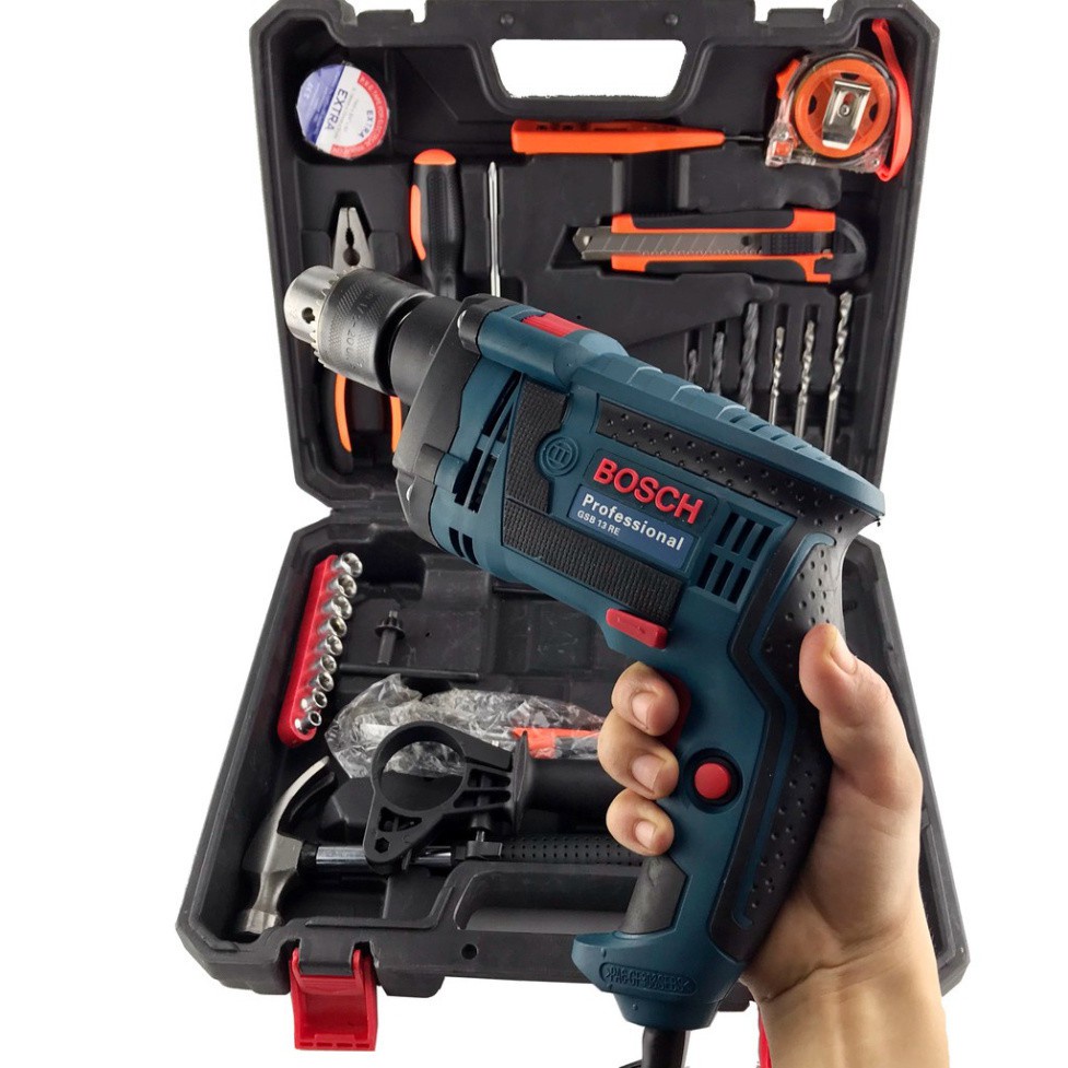 Máy khoan điện Bosch, máy khoan tường sắt gỗ 13 ly RE full đồ nghề gia đình tặng kèm phụ kiện 45 chi tiết