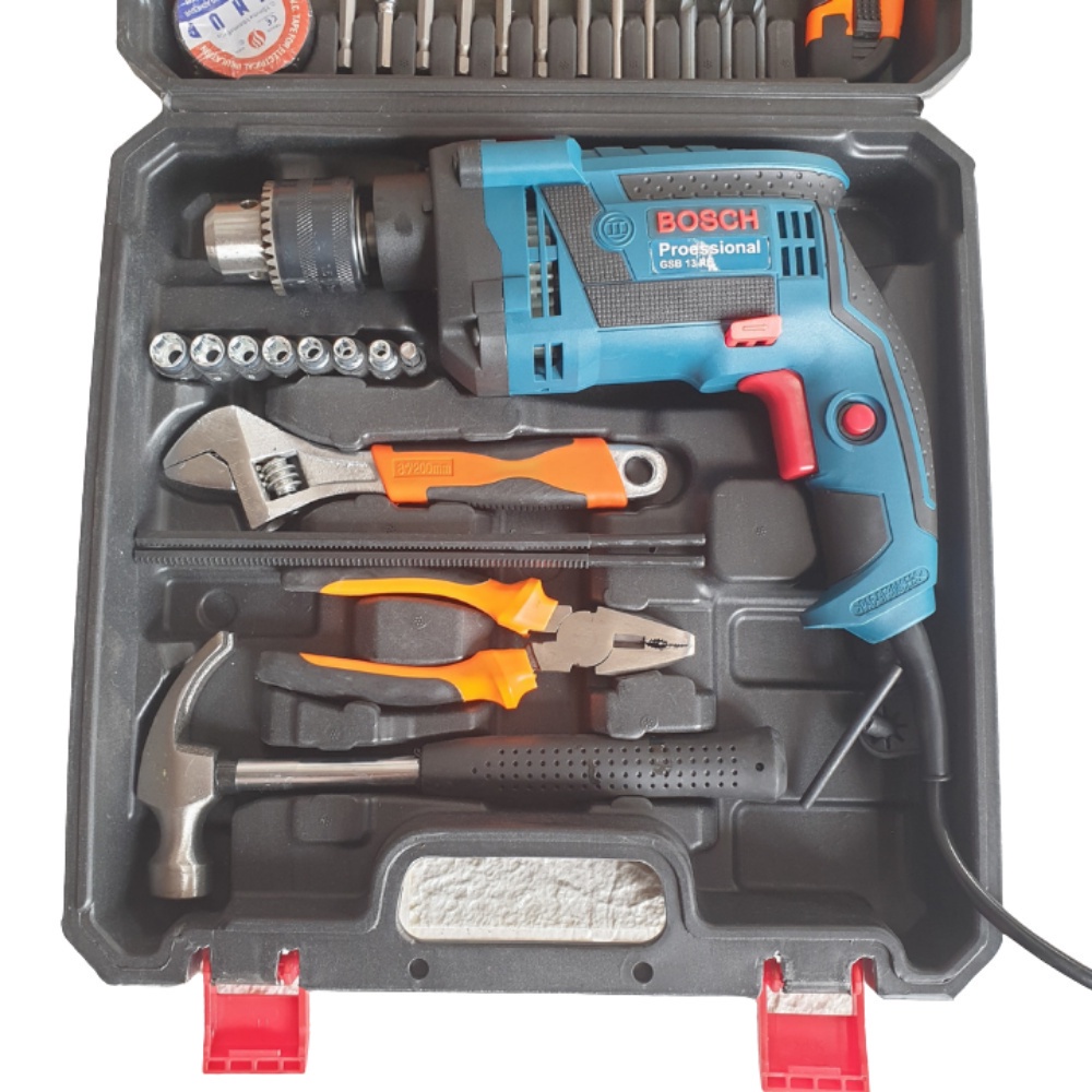 Máy khoan điện Bosch, máy khoan tường sắt gỗ 13 ly RE full đồ nghề gia đình tặng kèm phụ kiện 45 chi tiết