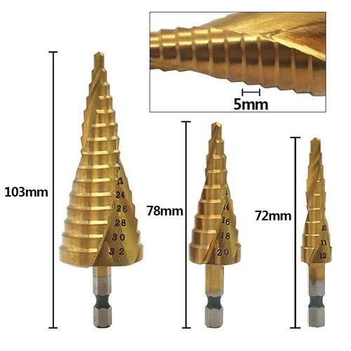 Mũi khoan tháp xoắn mạ titan, mũi khoan tháp tầng bước titanium khoan sắt, tôn cao cấp