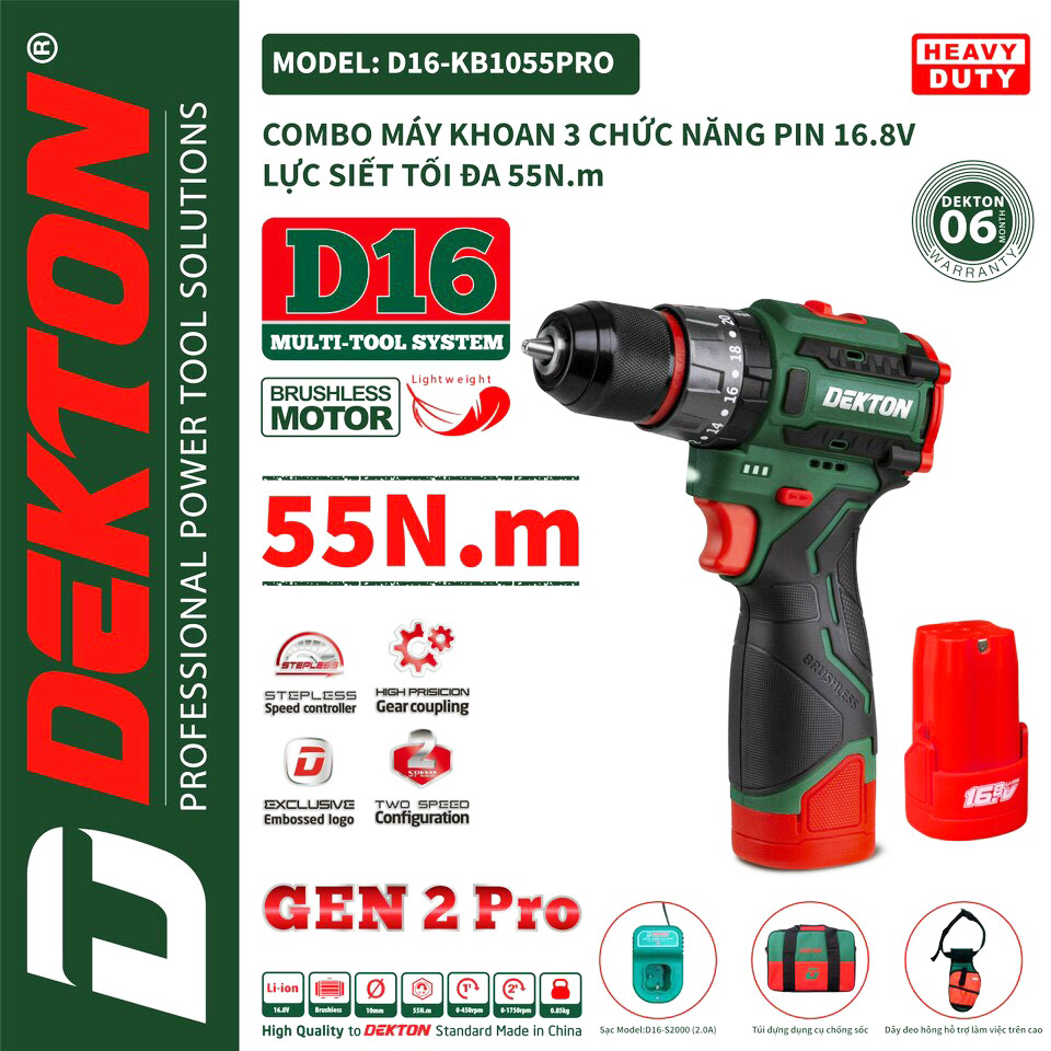 Máy Khoan Pin 16,8V Dekton D16-KB1055PRO 3 Chức Năng - Motor Brushless - Đầu Cặp 10mm Autolock