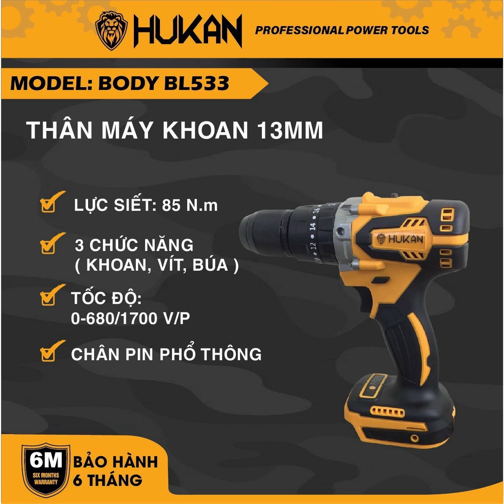 Thân Máy Khoan pin HUKAN HK-533BL không chổi than 3 chức năng