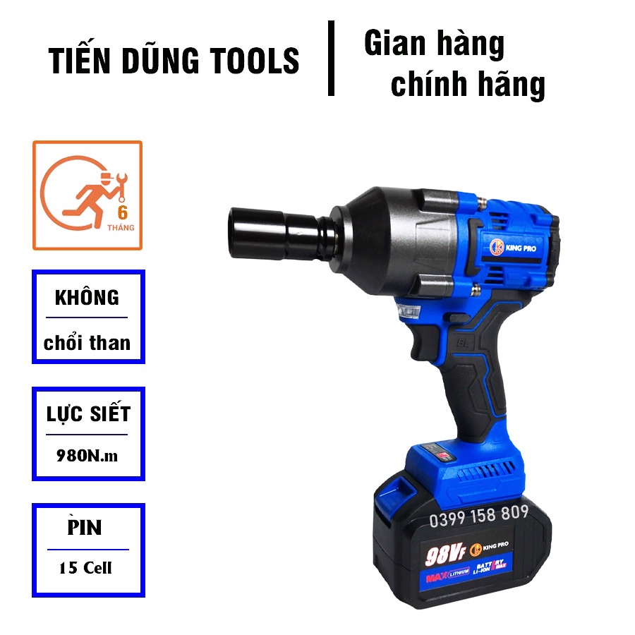 Máy Siết Bulong KingPro 98VF, Lực Siết 980Nm 2 Pin 15 Cell Chuyên Mở Ốc Lớn