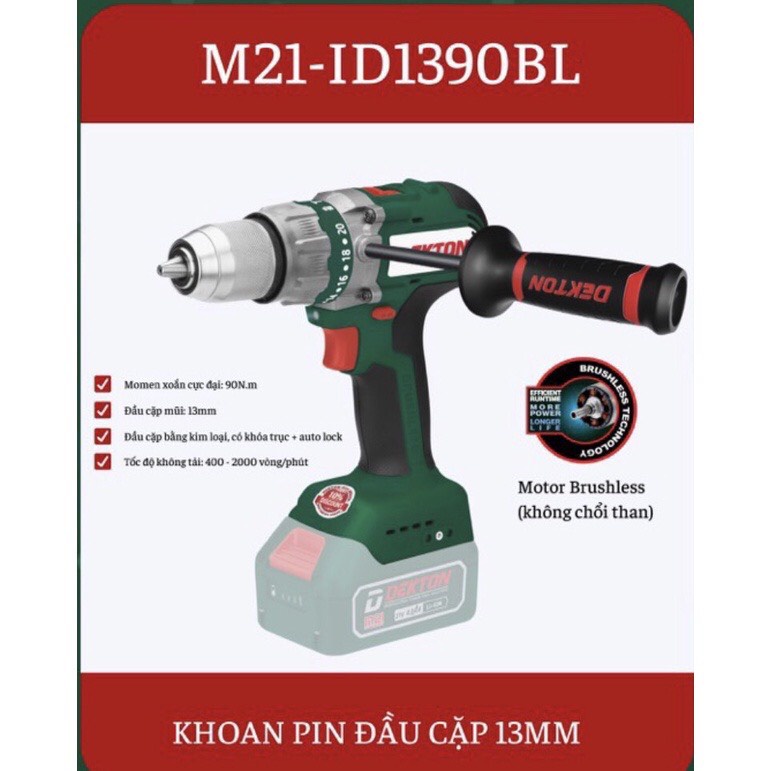 Máy Khoan Pin Dekton M21-ID1390BL - Motor Brushless - Lực Siết 90Nm - Chân Pin Phổ Thông