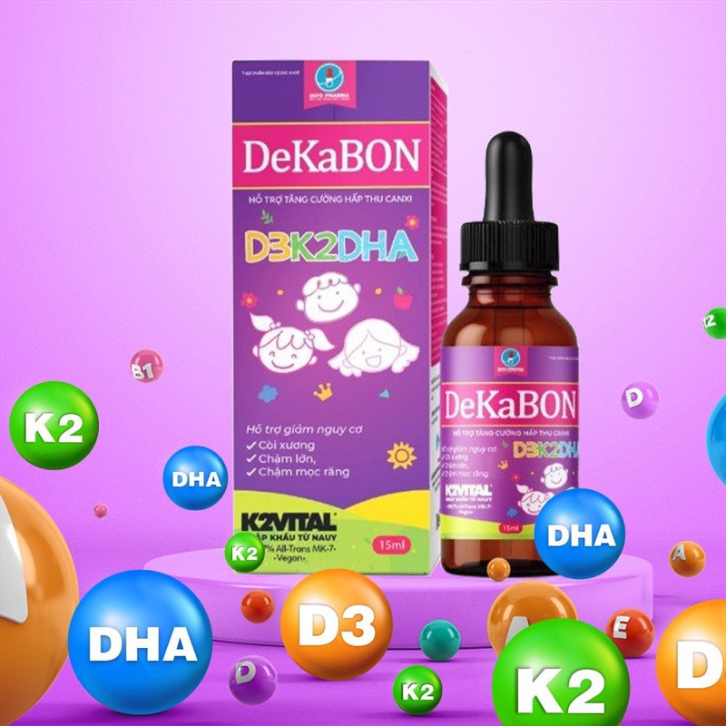 Vitamin D3K2 Dekabon 15ml - Bổ sung DHA, Vitamin, hấp thụ canxi tốt đa cho bé + quà