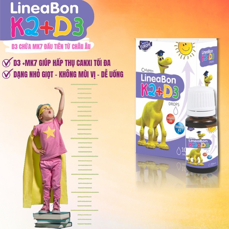 Combo 2 chai Lineabon K2+D3 chính hãng date mới - Hỗ trợ bé phát triển chiều cao tối ưu