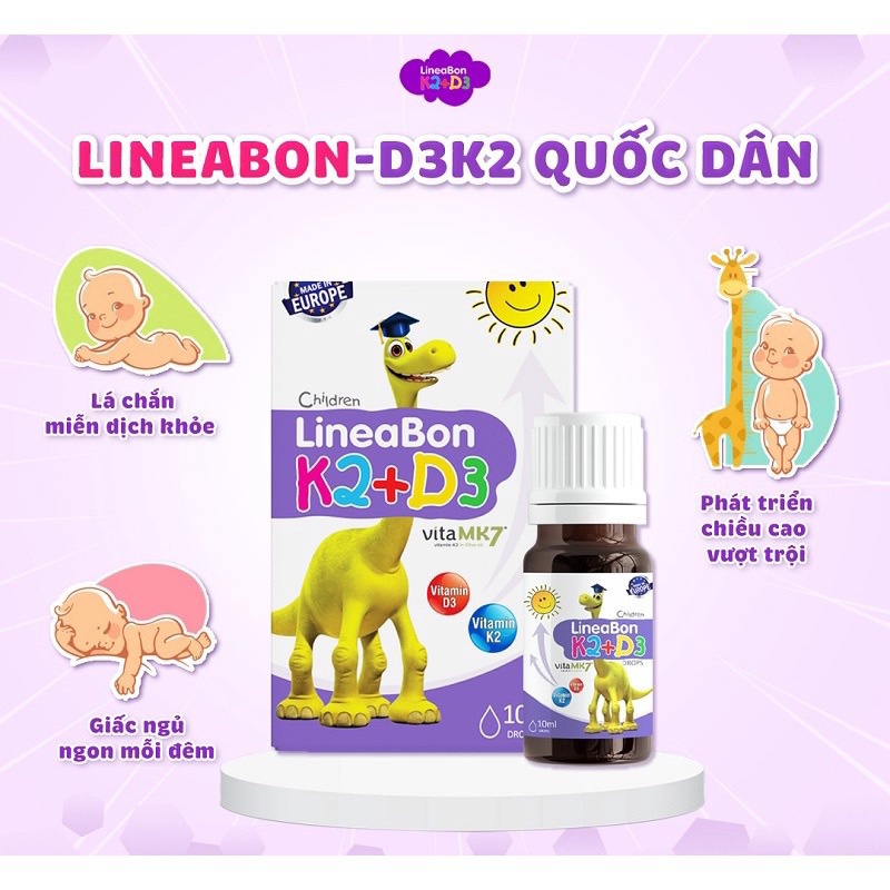 Combo 2 chai Lineabon K2+D3 chính hãng date mới - Hỗ trợ bé phát triển chiều cao tối ưu