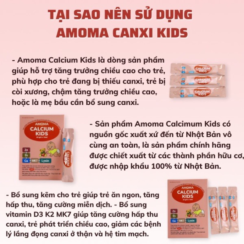 Canxi Amoma Calcium Kid hộp 20 gói - Bổ sung canxi, D3k2, kẽm, lysin cho bé + quà