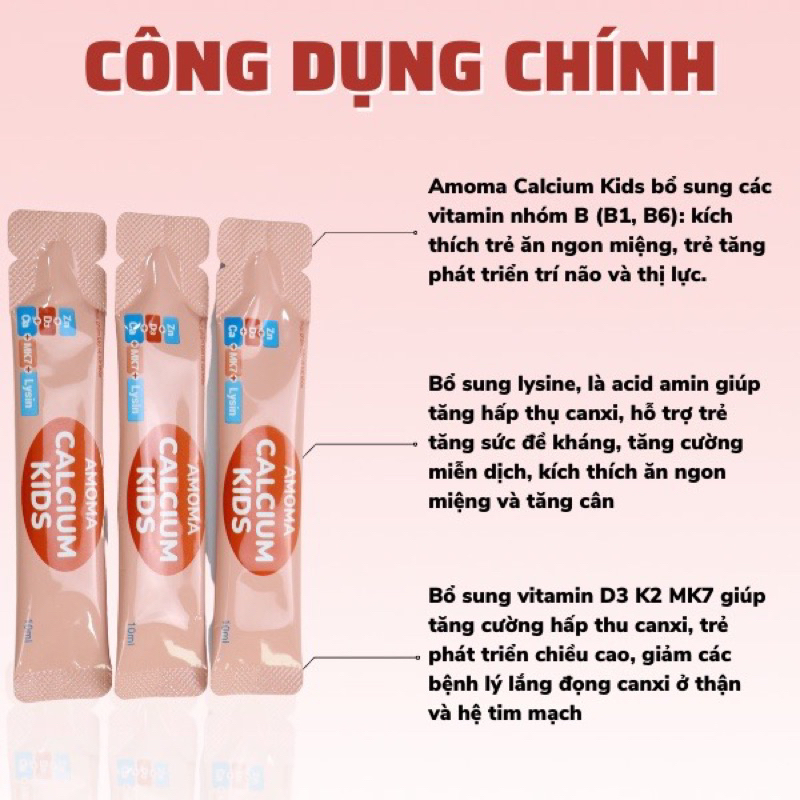 Canxi Amoma Calcium Kid hộp 20 gói - Bổ sung canxi, D3k2, kẽm, lysin cho bé + quà