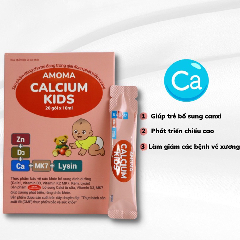 Canxi Amoma Calcium Kid hộp 20 gói - Bổ sung canxi, D3k2, kẽm, lysin cho bé + quà