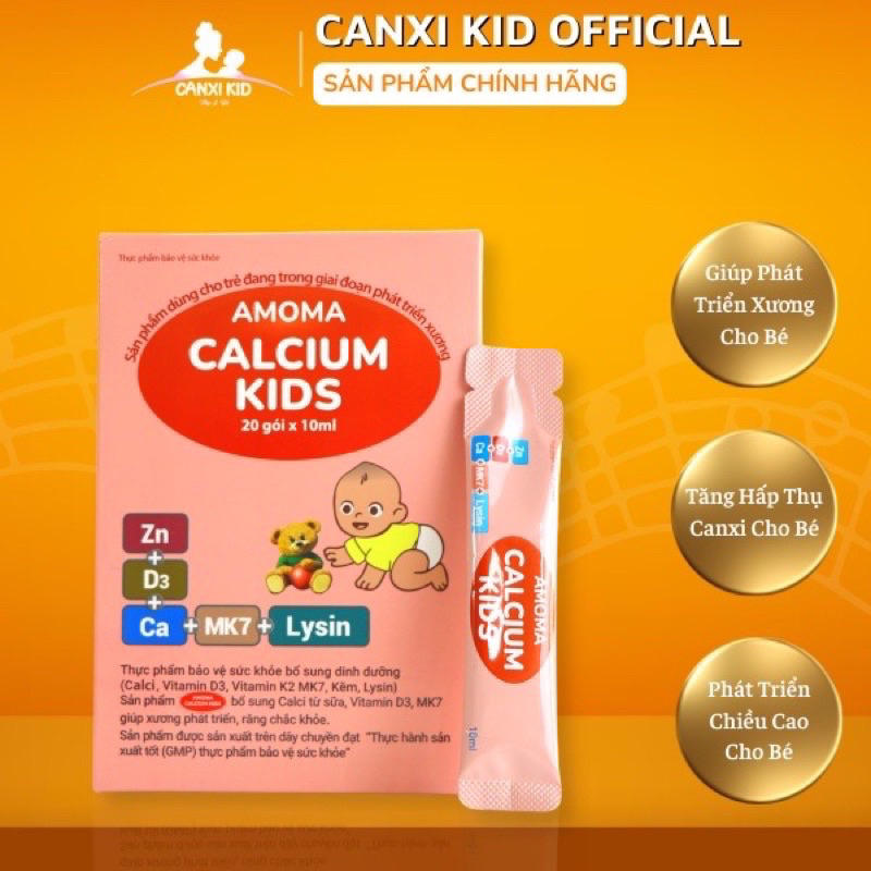 Canxi Amoma Calcium Kid hộp 20 gói - Bổ sung canxi, D3k2, kẽm, lysin cho bé + quà